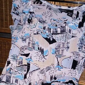 New York & Company Cap-Sleeve Semi-Sheer Top w/Italian Voyage Graphic Pattern